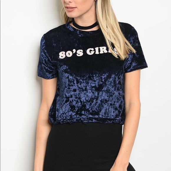 Navy Crushed Velvet 80's Girl Crop Top - Picture 1 of 4